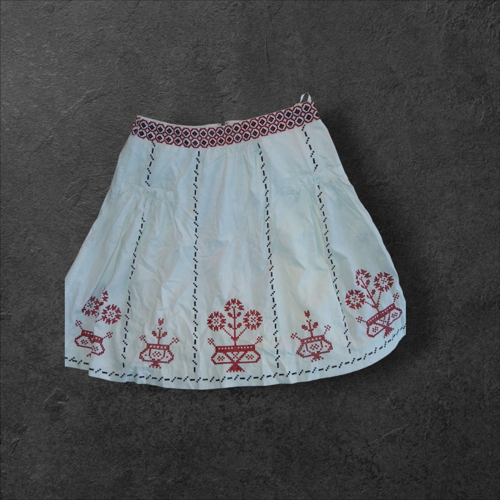 Adorable Cream and Red Embroidered A-Line Skirt